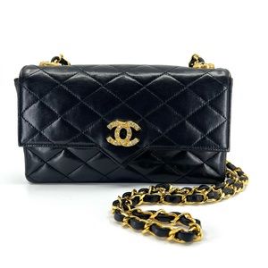 Chanel Rare Vintage Black Crystal CC logo Lambskin Bag